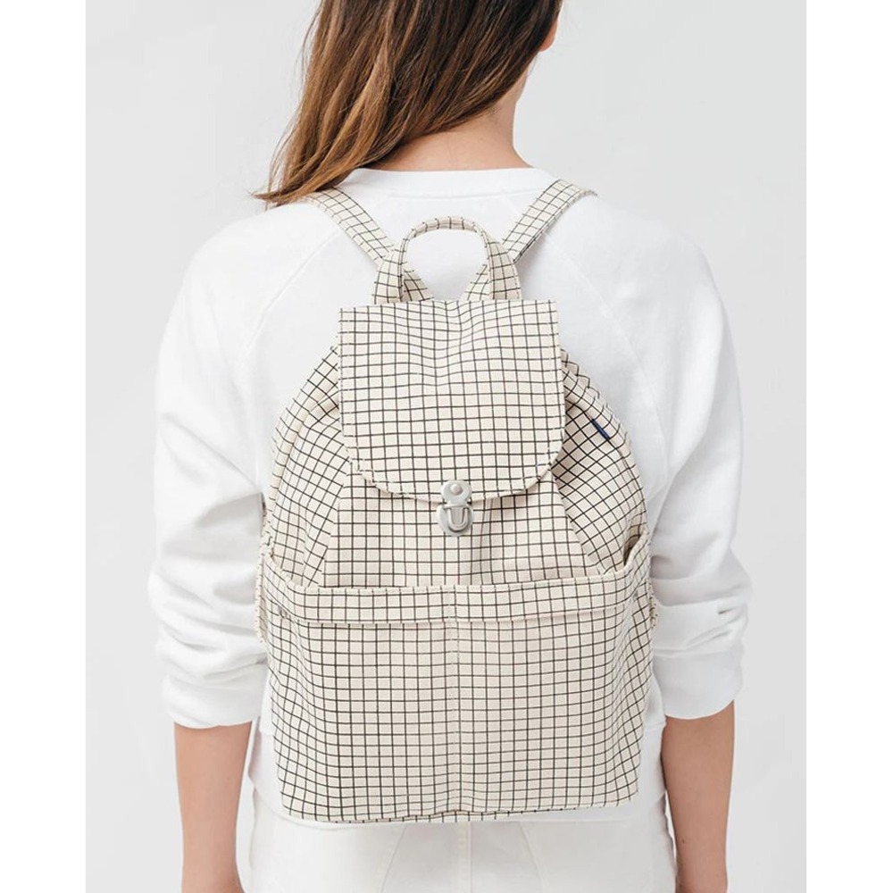BAGGU Drawstring Canvas Backpack Natural Grid Rucksack Travel